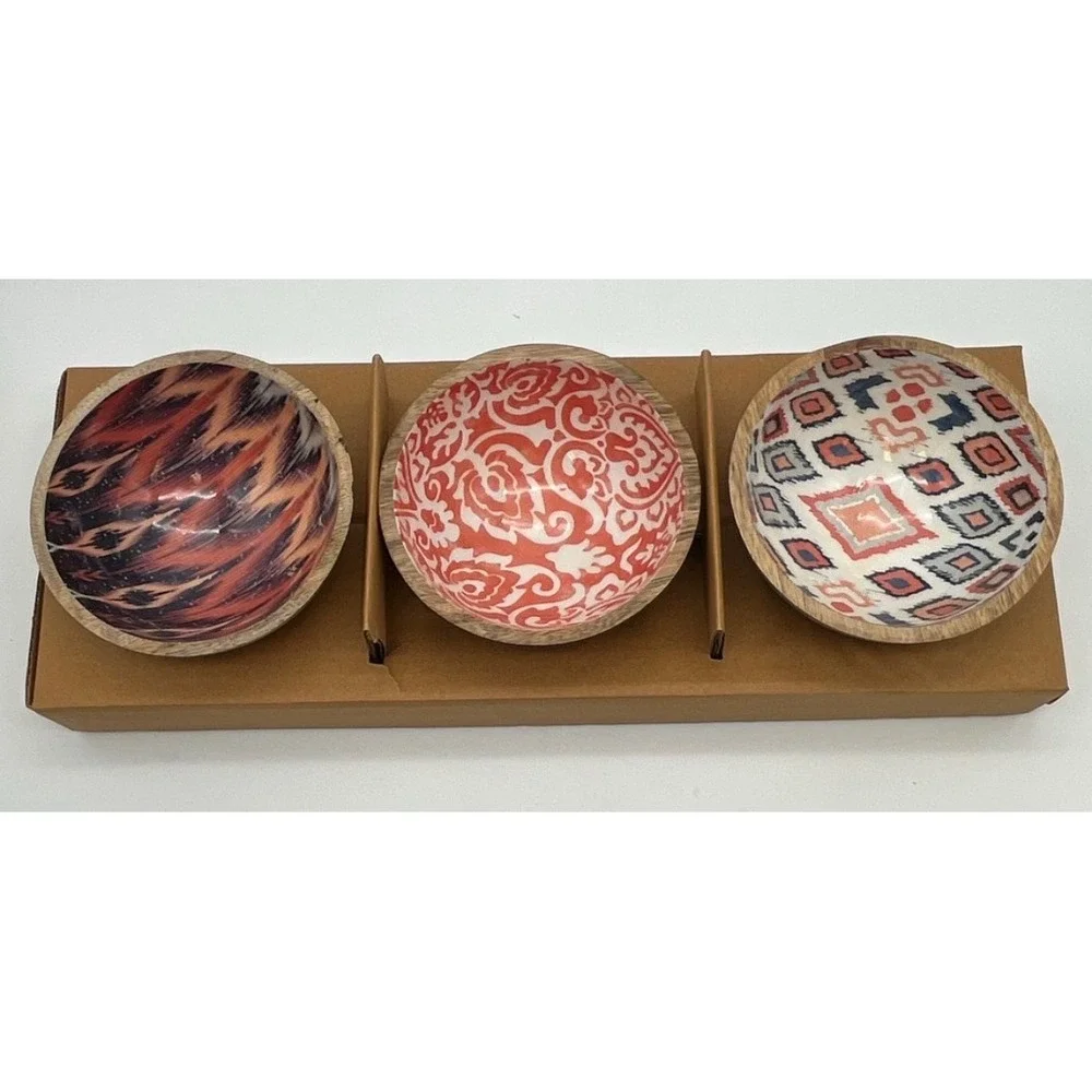 MESA Mango Wood Serving Set 4 Piece Ikat‎ Geometric Patterns Tray & 3 Bowls NEW